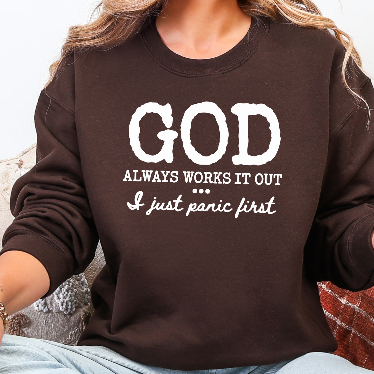 Wholesale God Always Works It Out Graphic Sweatshirt - Dark Chocolate