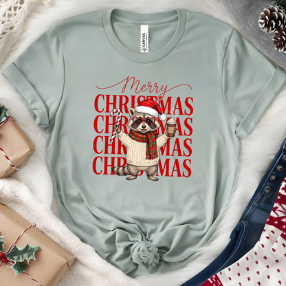 Wholesale Merry Christmas Raccoon Graphic Tee - Heather Sage