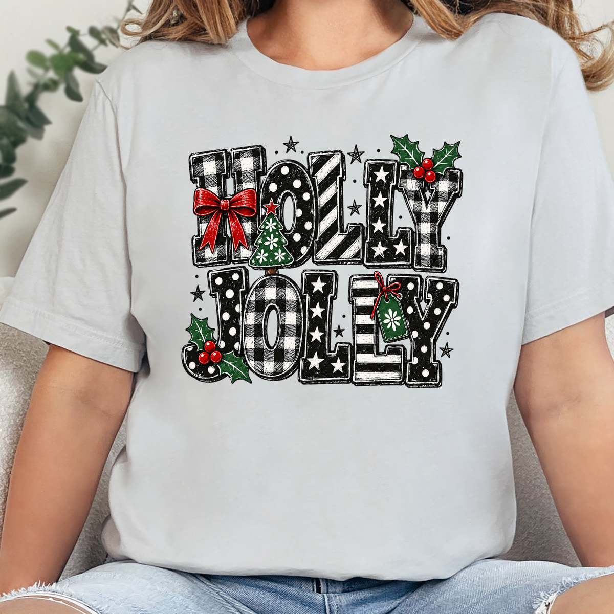Wholesale Holly Jolly Plaid Christmas Graphic Tee- Silver