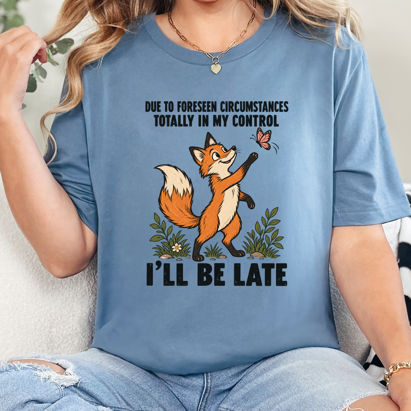 Wholesale I'll Be Late Fox Graphic Tee - Steel Blue