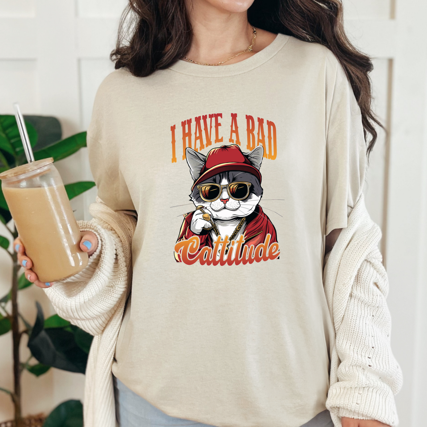 Wholesale I Have A Bad Cattitude Graphic Tee - Natural Tee