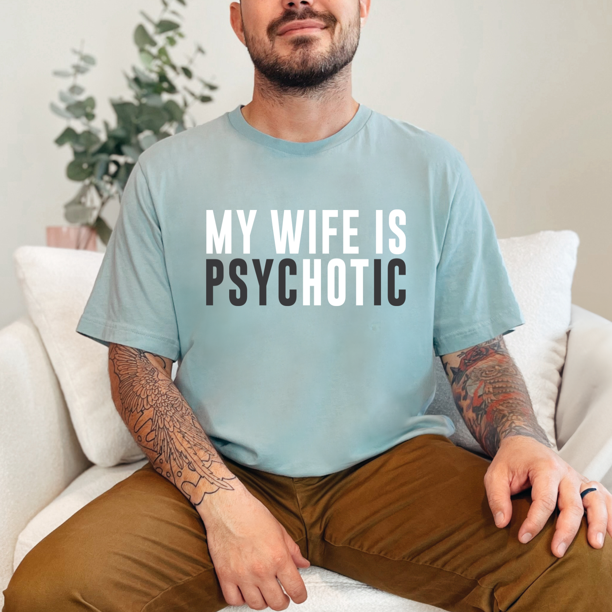 Wholesale My Wife is PsycHOTic Graphic Tee - Dusty Blue Tee