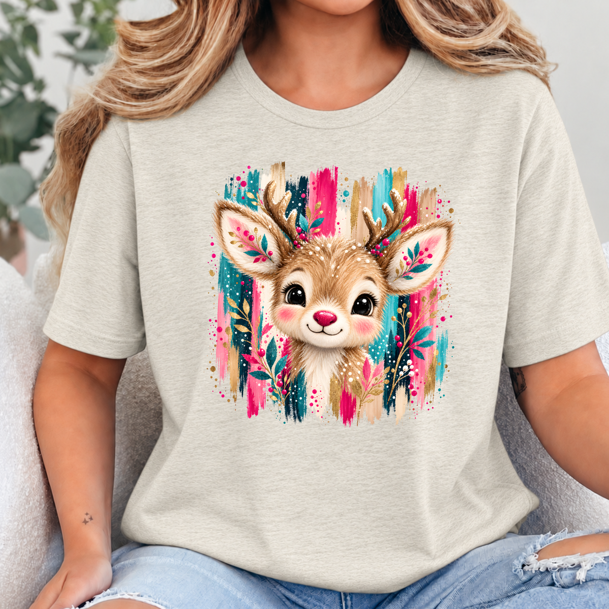 Wholesale Christmas Brushstroke Reindeer Graphic Tee - Heather Oatmeal