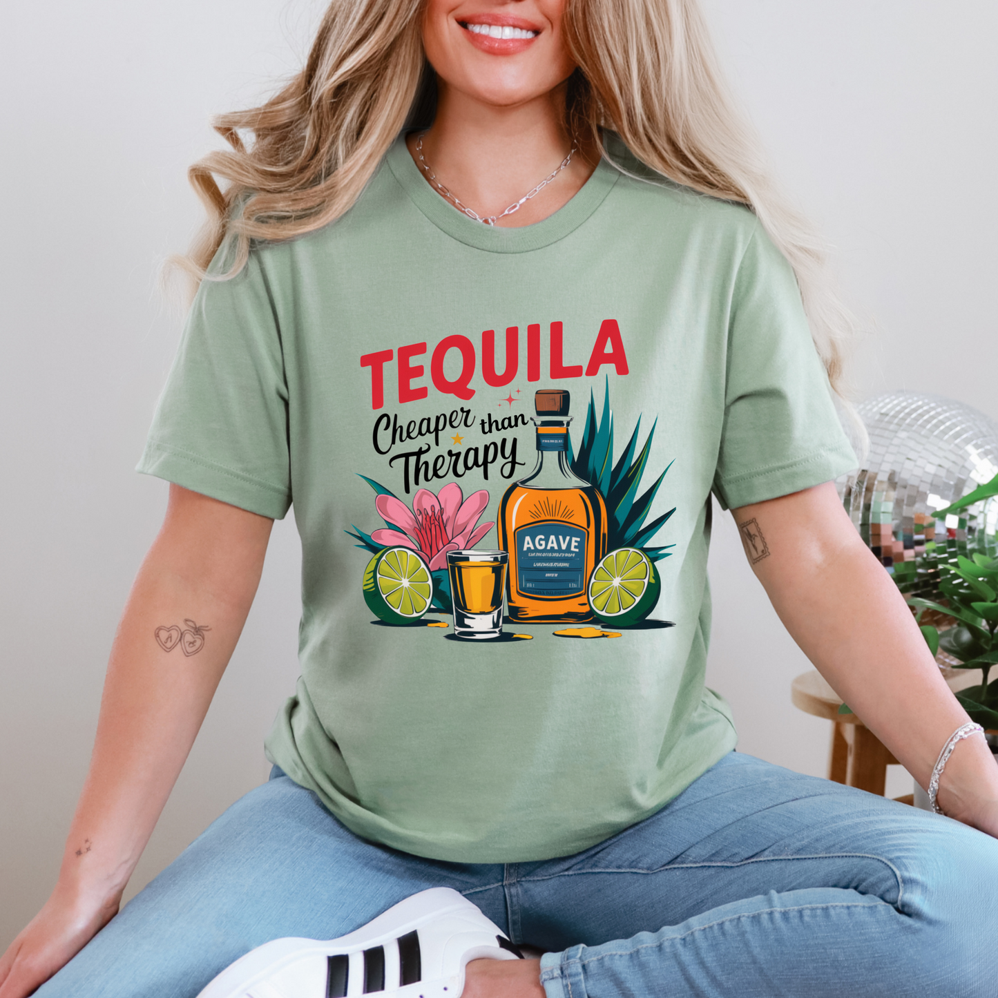 Wholesale Tequila cheaper than therapy Graphic Tee - Sage Tee