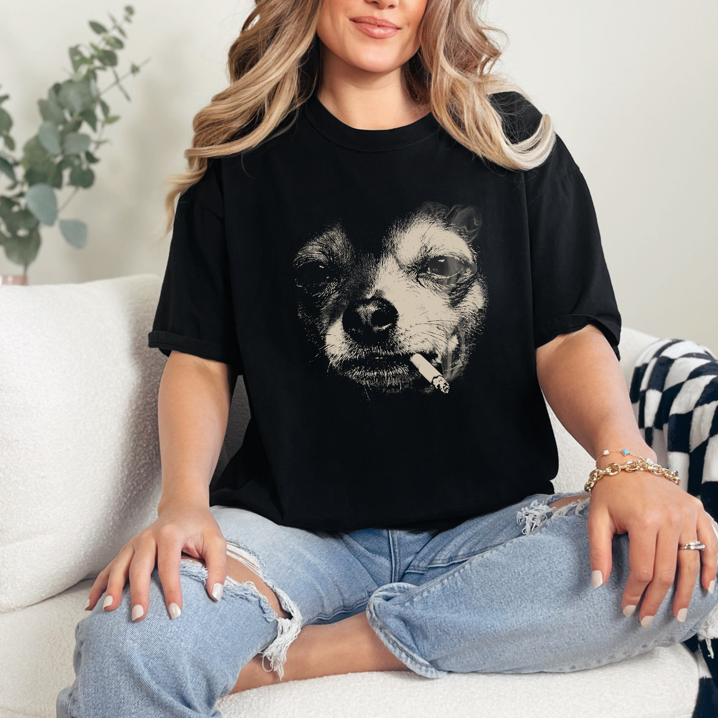 Wholesale Dog Smoking Graphic Tee - Black Tee