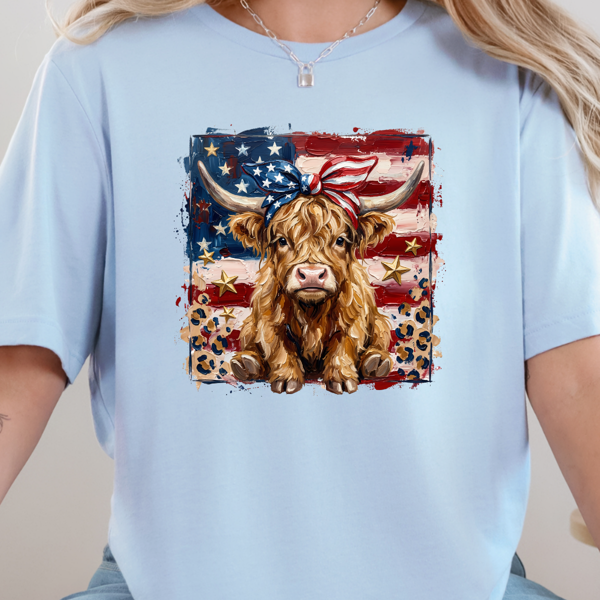 Wholesale Patriotic Highland Cow Graphic Tee - Baby Blue Tee