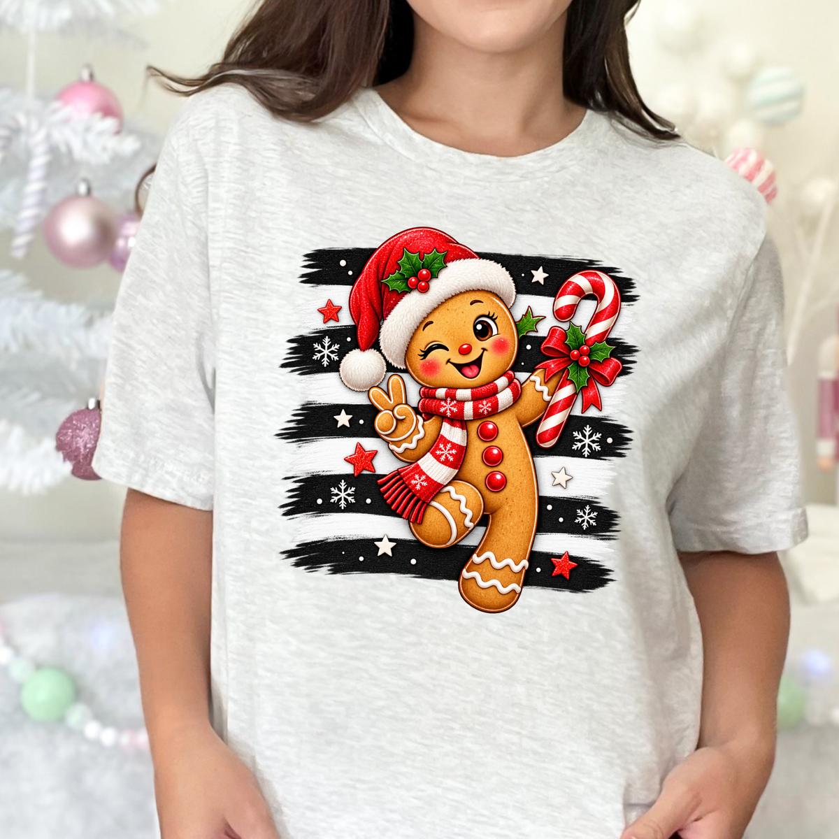 Wholesale Cute Christmas Gingerbread Graphic Tee - Ash
