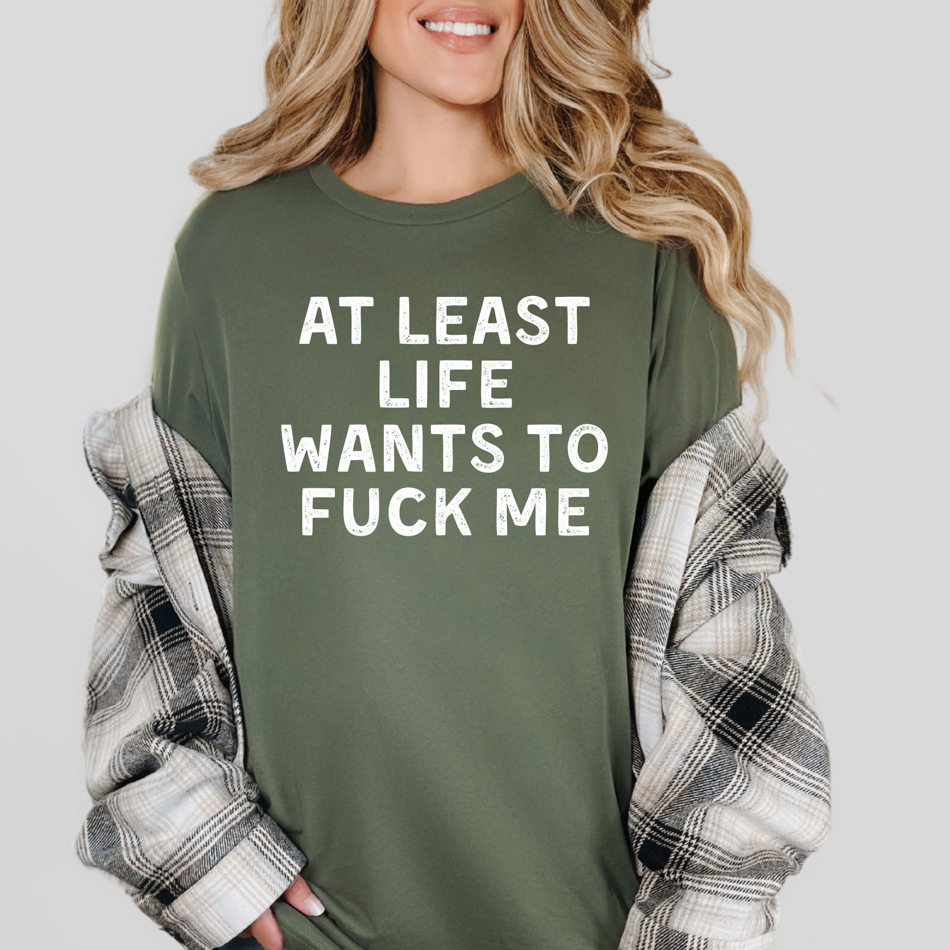 Wholesale At least life wants to F me Graphic Tee - Military Green Tee