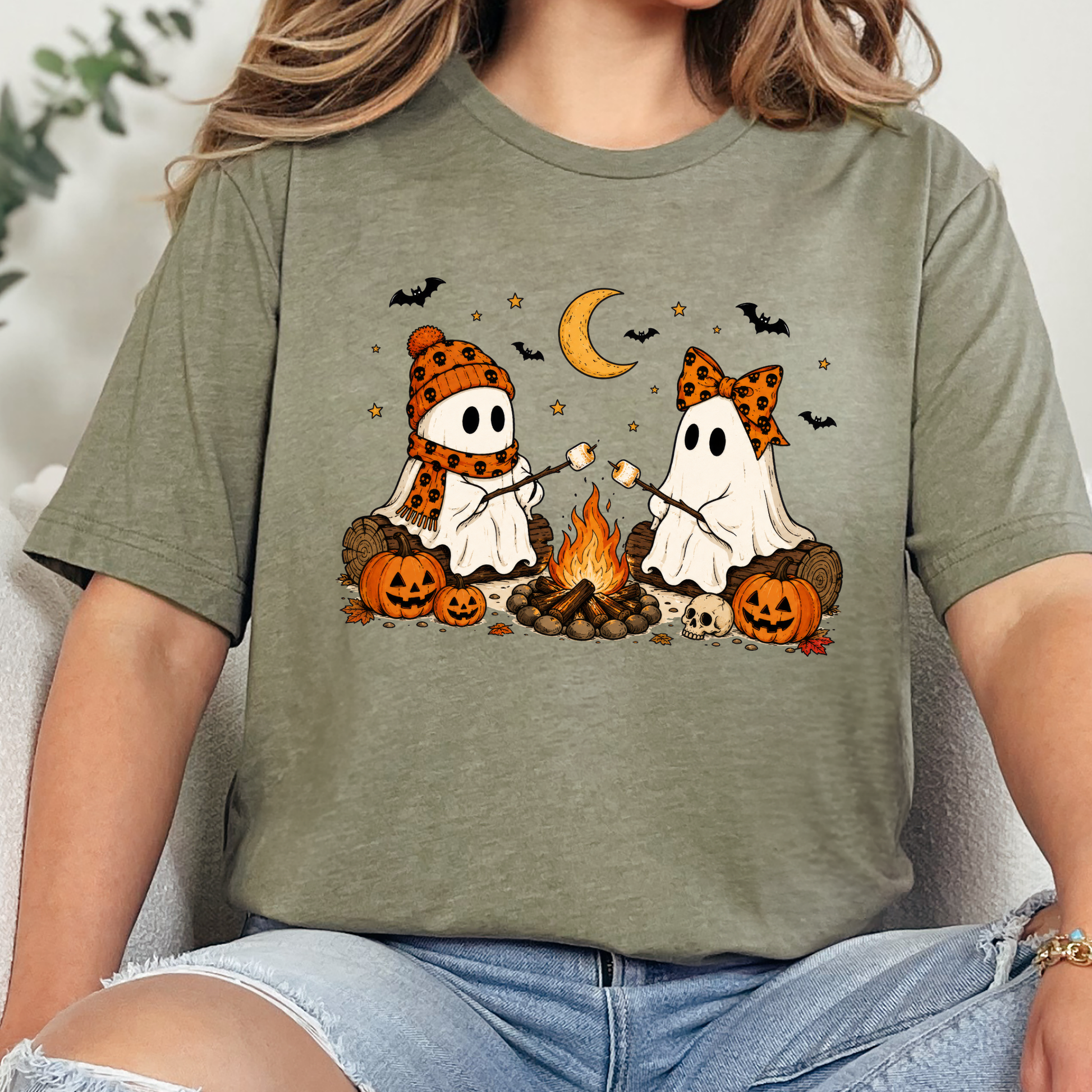 Wholesale Camping Ghosts Graphic Tee - Heather Olive