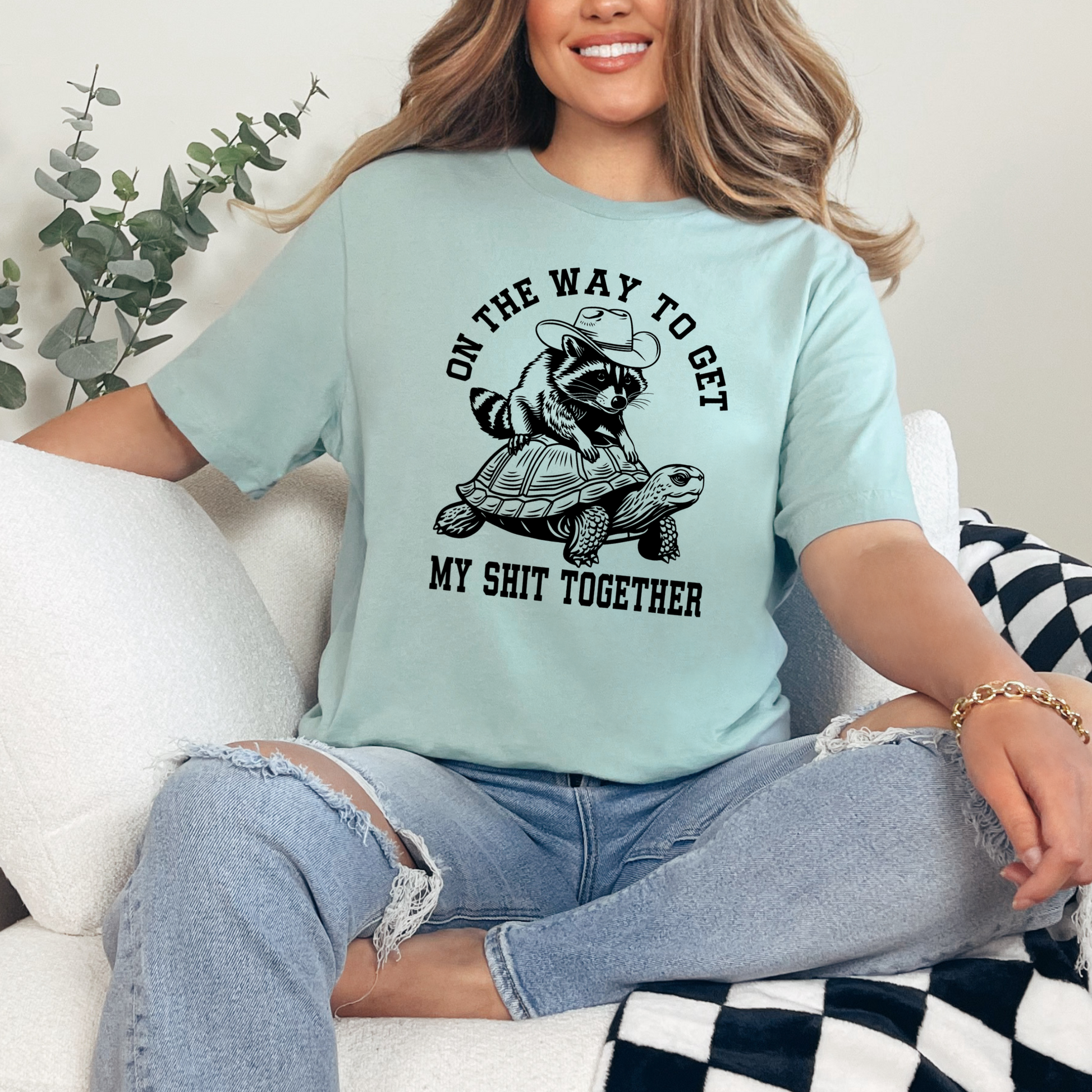 Wholesale On the way raccoon Graphic Tee - Dusty Blue Tee