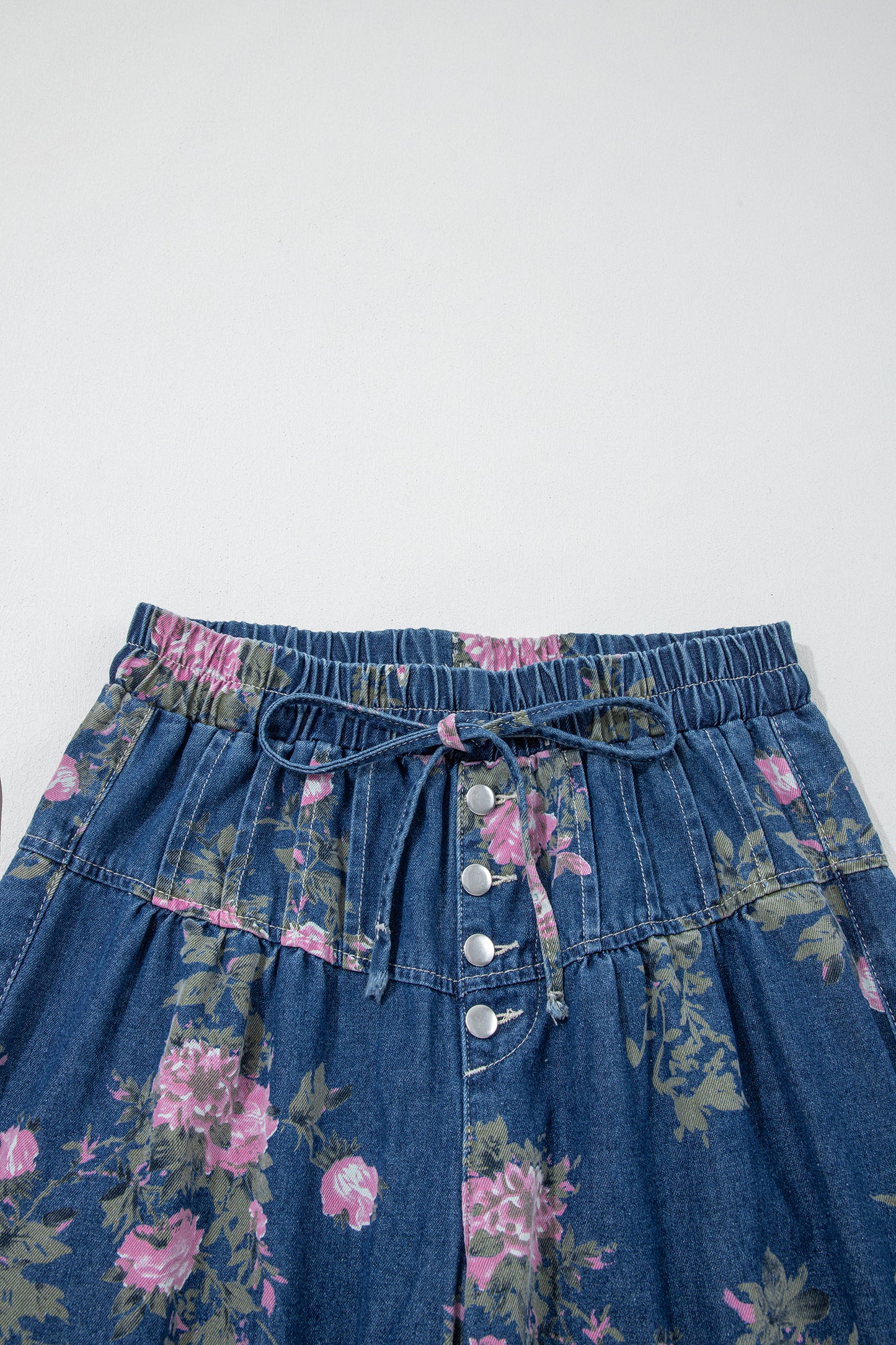 Blue Retro Floral Print Tie Elastic Waist Button Pintuck Wide Leg Jeans