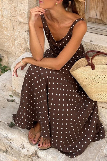 Brown Polka Dot Print Square Neck Sleeveless Vacation Long Dress