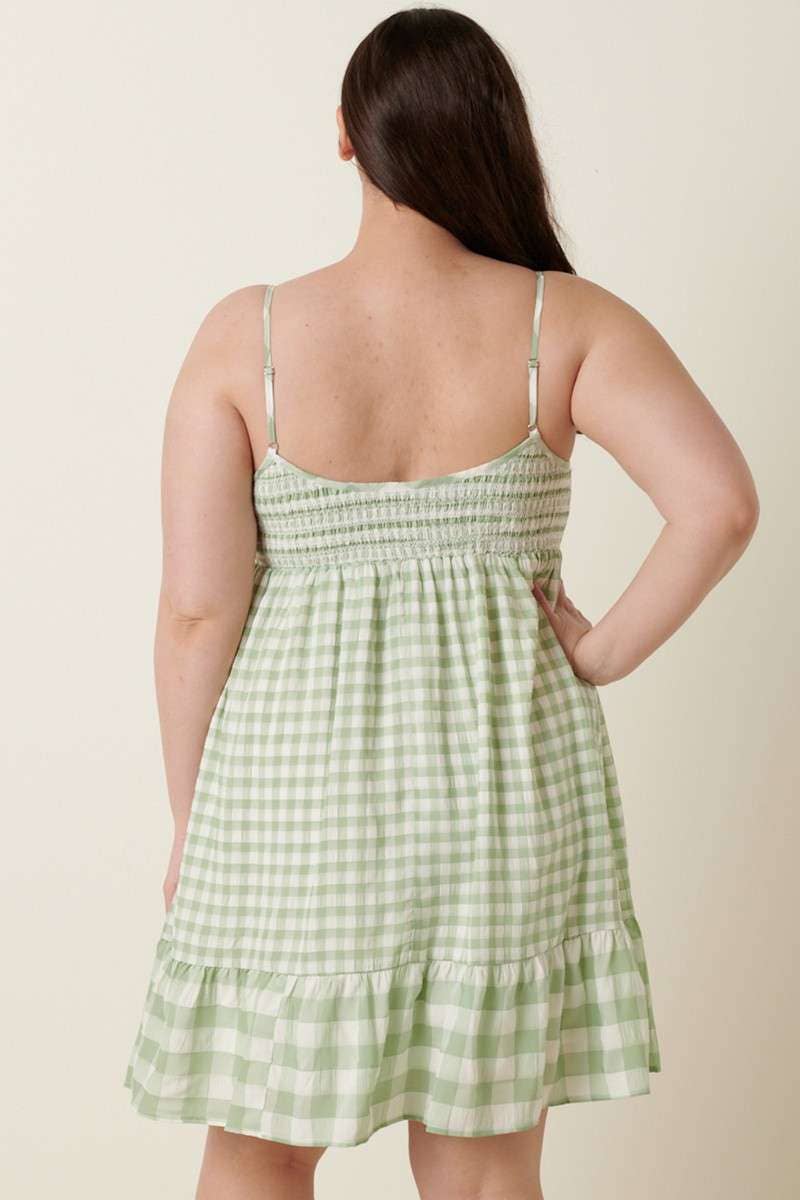 PLUS GINGHAM DECO SMOCK MINI DRESS