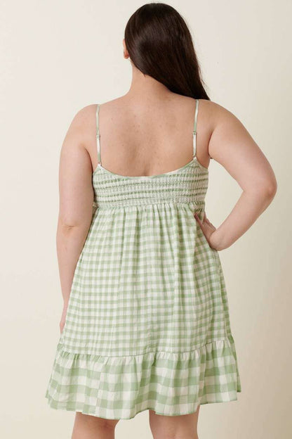PLUS GINGHAM DECO SMOCK MINI DRESS