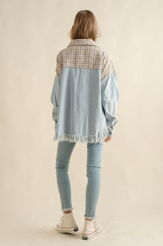 TWEED MIXED DENIM JACKET SHACKET WITH FRINGED HEM