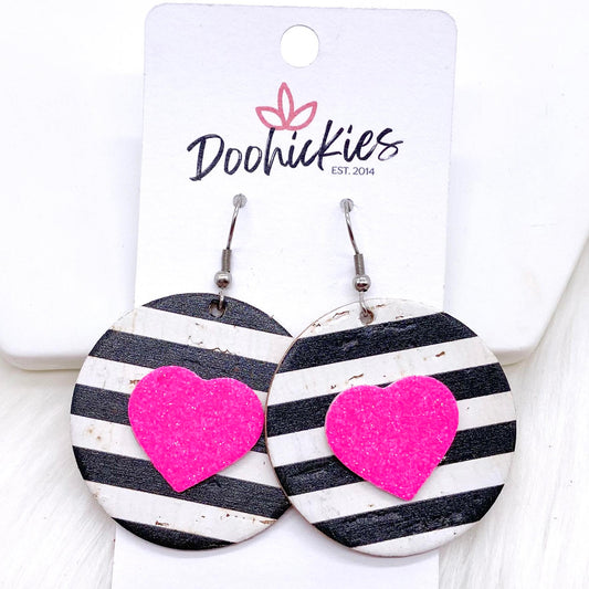 2" Valentine 3-D Glitter Hearts & Striped Circles -Earrings