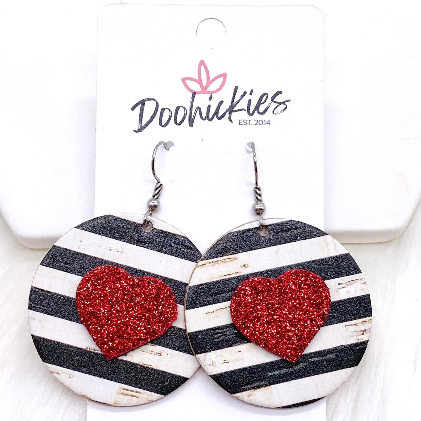 2" Valentine 3-D Glitter Hearts & Striped Circles -Earrings
