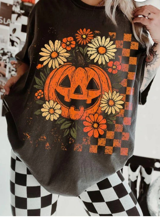 Retro floral pumpkin comfort colors tee