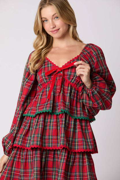 Christmas Plaid Long Sleeve Tiered Dress