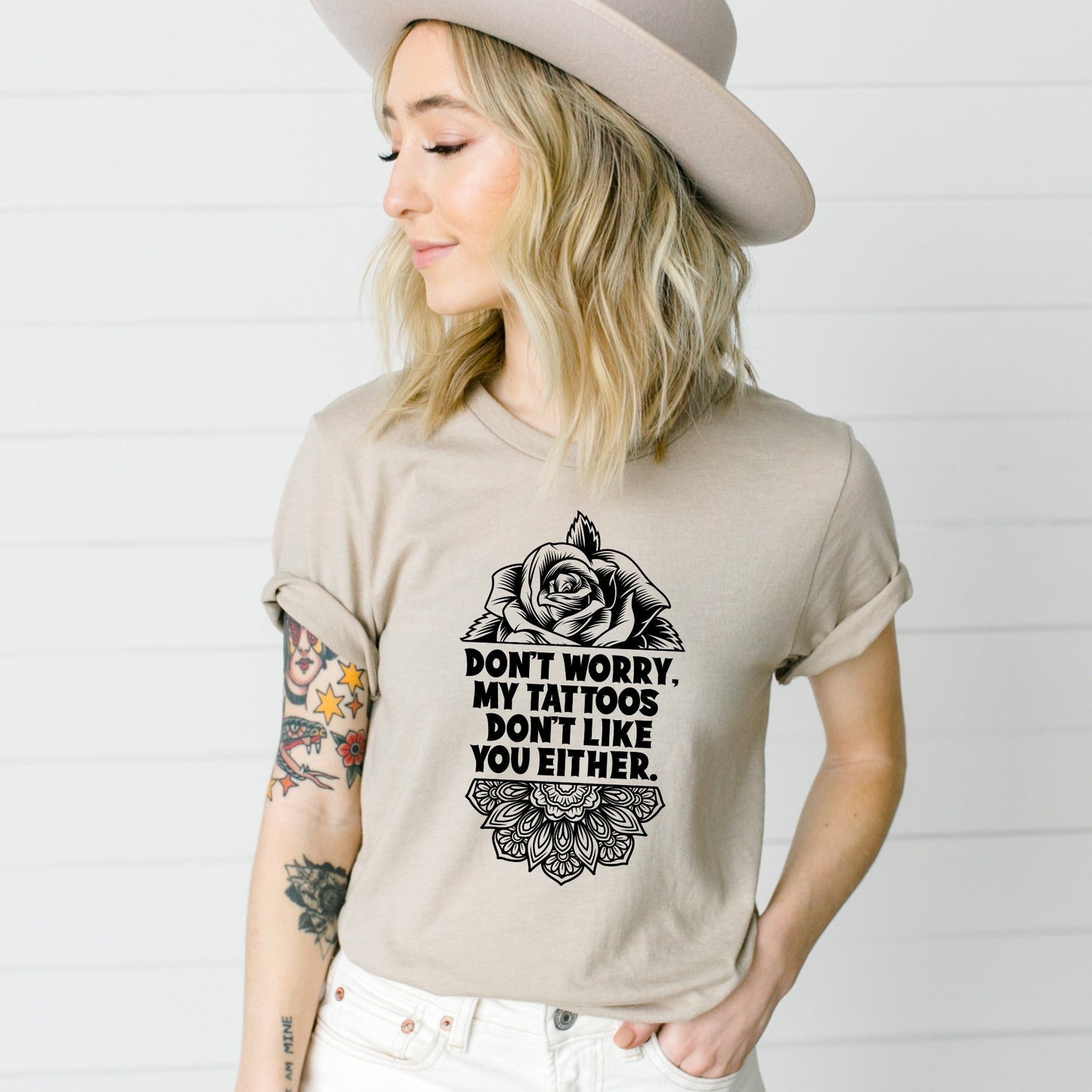 Wholesale Don't Worry Tattoos Graphic Tee - Tan