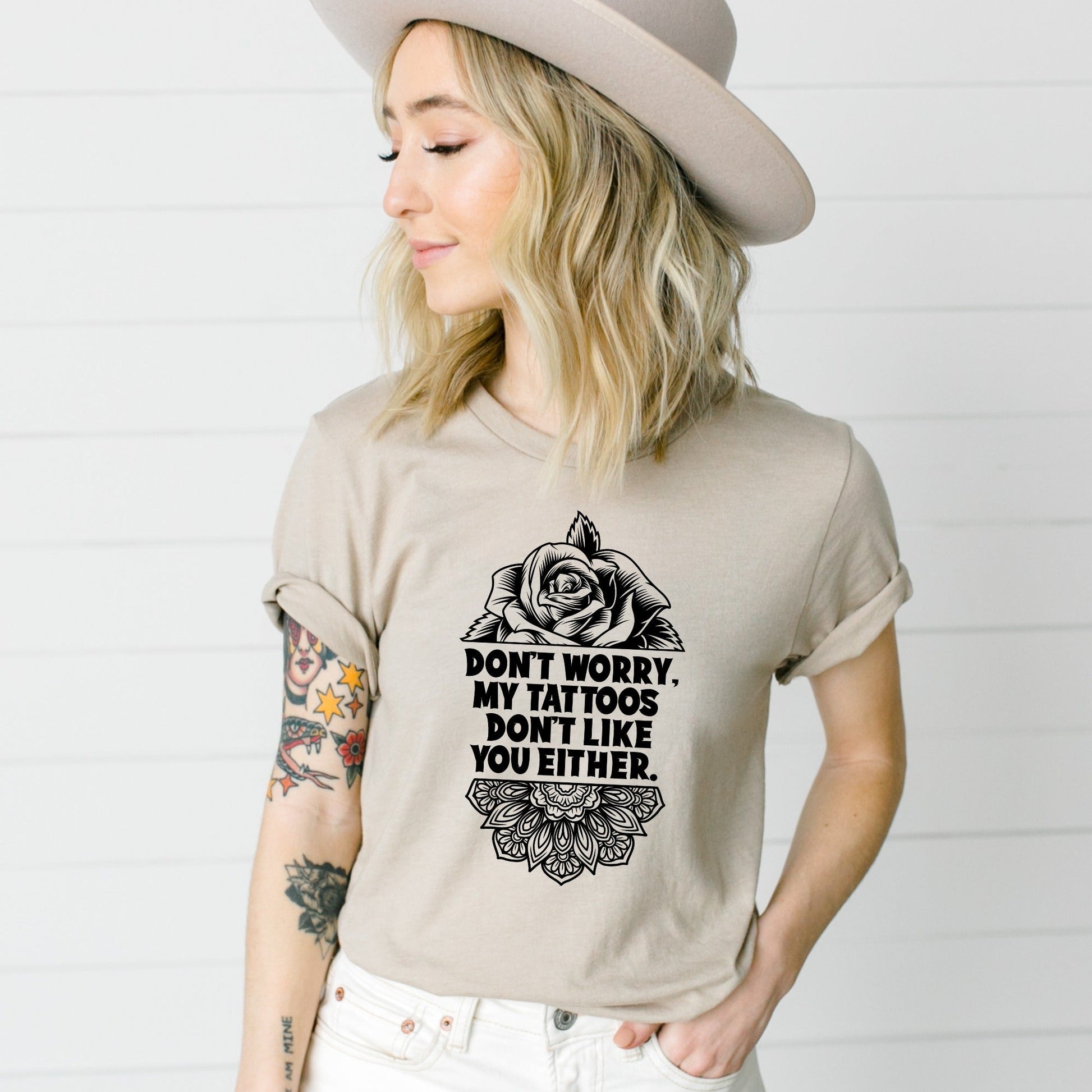 Wholesale Don't Worry Tattoos Graphic Tee - Tan