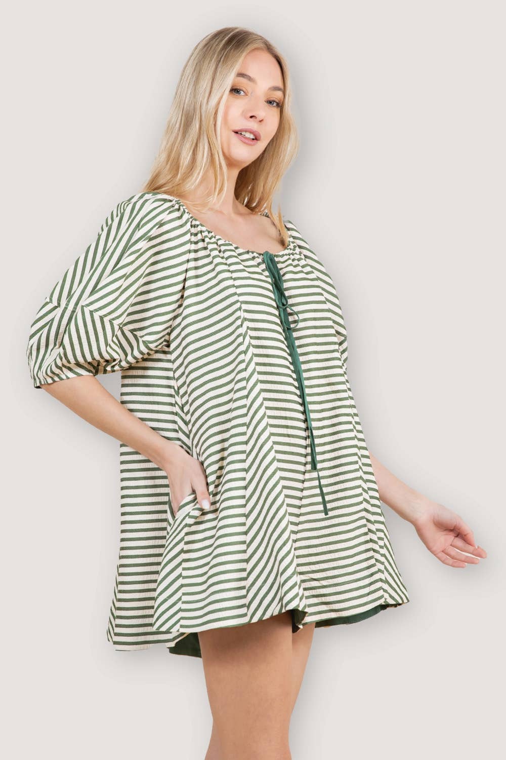 Striped Swing Romper – Puff Sleeve Tie Front