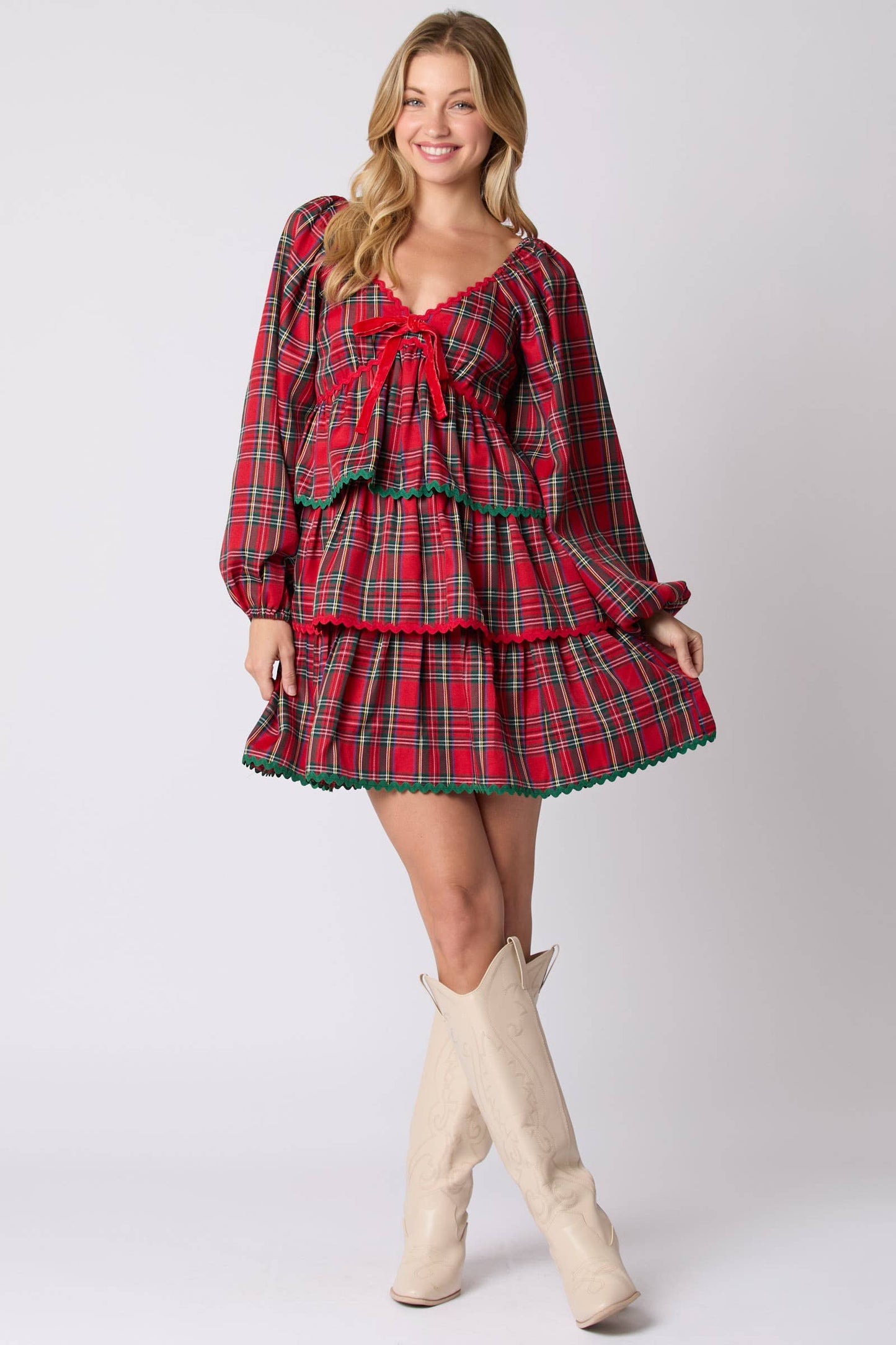 Christmas Plaid Long Sleeve Tiered Dress