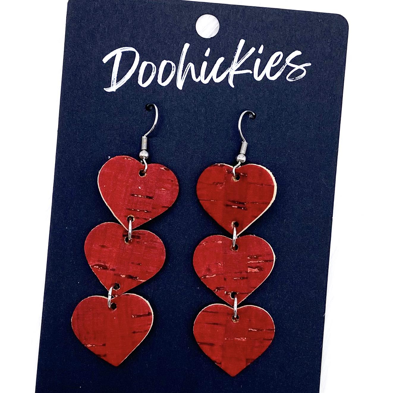 Triple Corkie Heart Drops -Valentine's Earrings