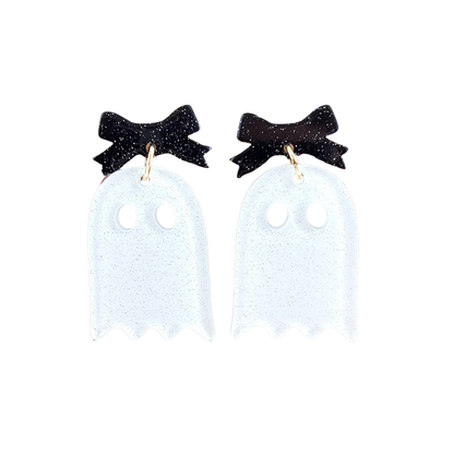 Bow Ghost Earrings - White Glitter