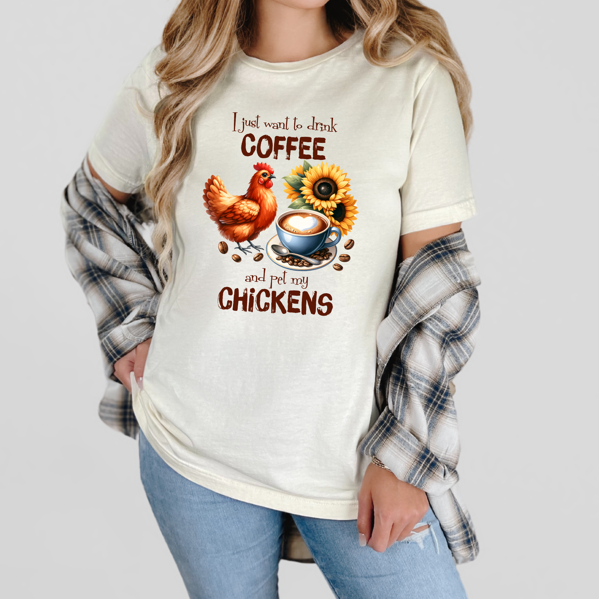Wholesale Drink Coffee & Pet Chickens Graphic Tee - Natural Tee
