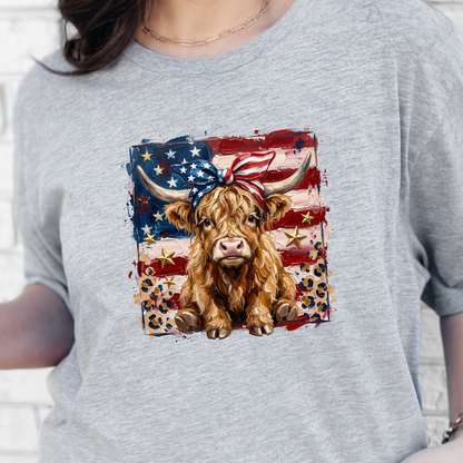 Wholesale Patriotic Highland Cow Graphic Tee - Grey Tee