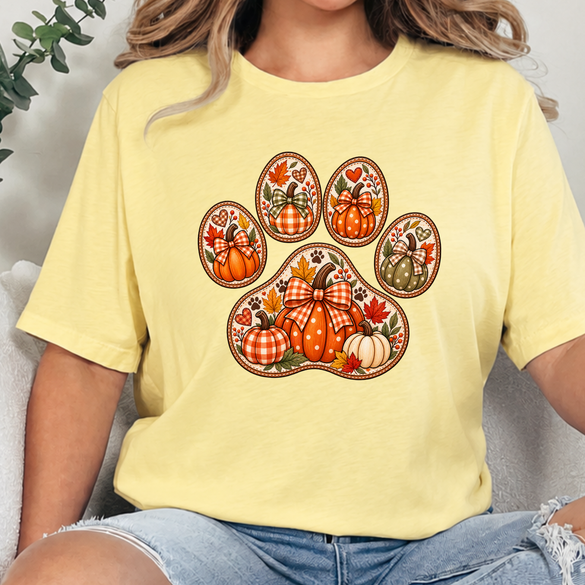 Wholesale Thanksgiving Paw Print Graphic Tee - Heather French Vanilla
