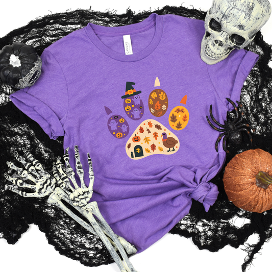 Wholesale Spooky Fall Paw Print Graphic Tee - Heather Team Purple