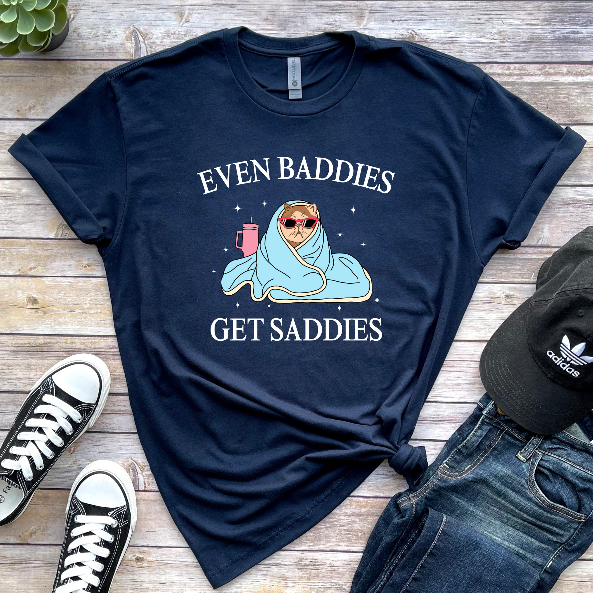 Wholesale Even Baddies Get Saddies Graphic Tee - Navy Tee