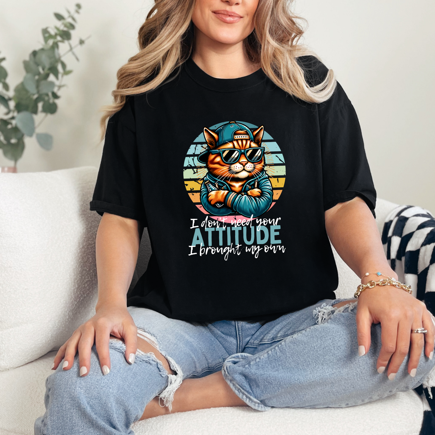 Wholesale Don't Need Your Attitude Cat Graphic Tee - Black Tee