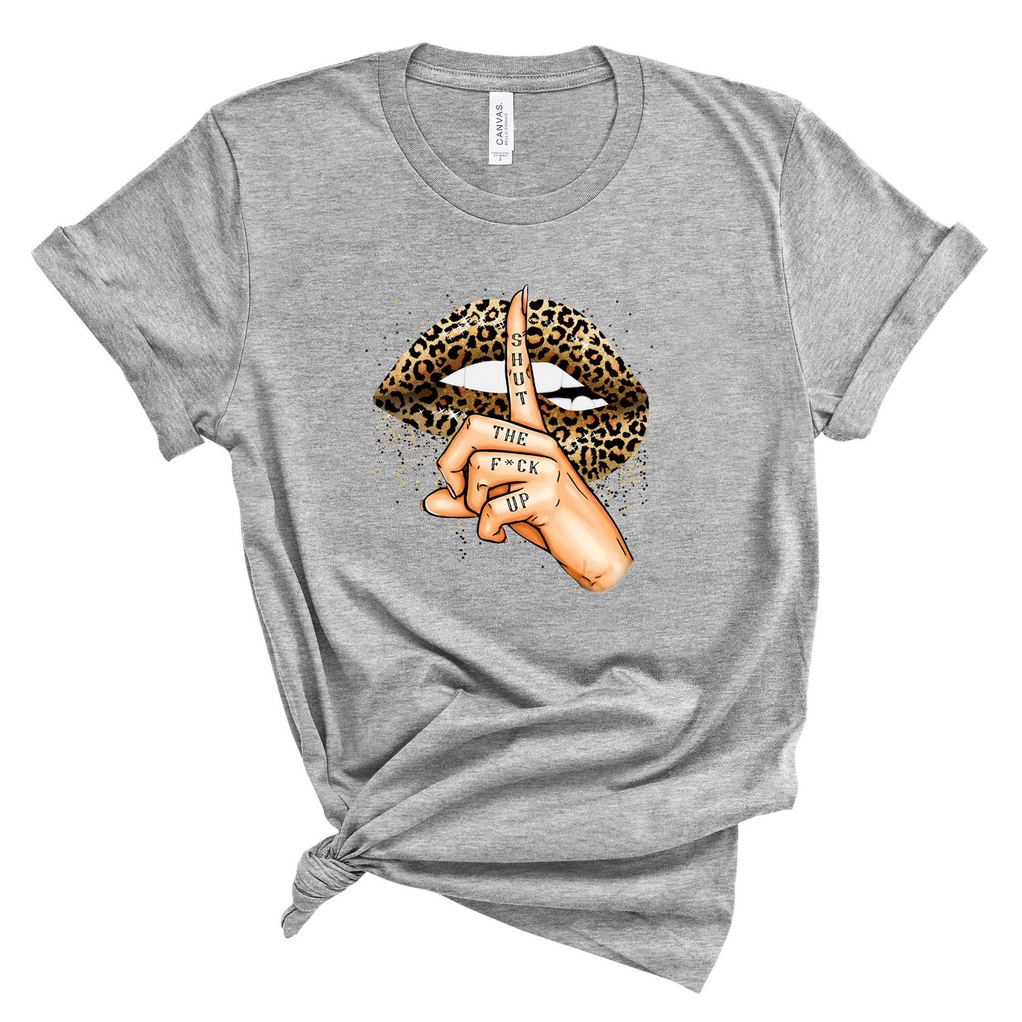 Wholesale Leopard Lips Shut Up Graphic Tee - Grey Tee