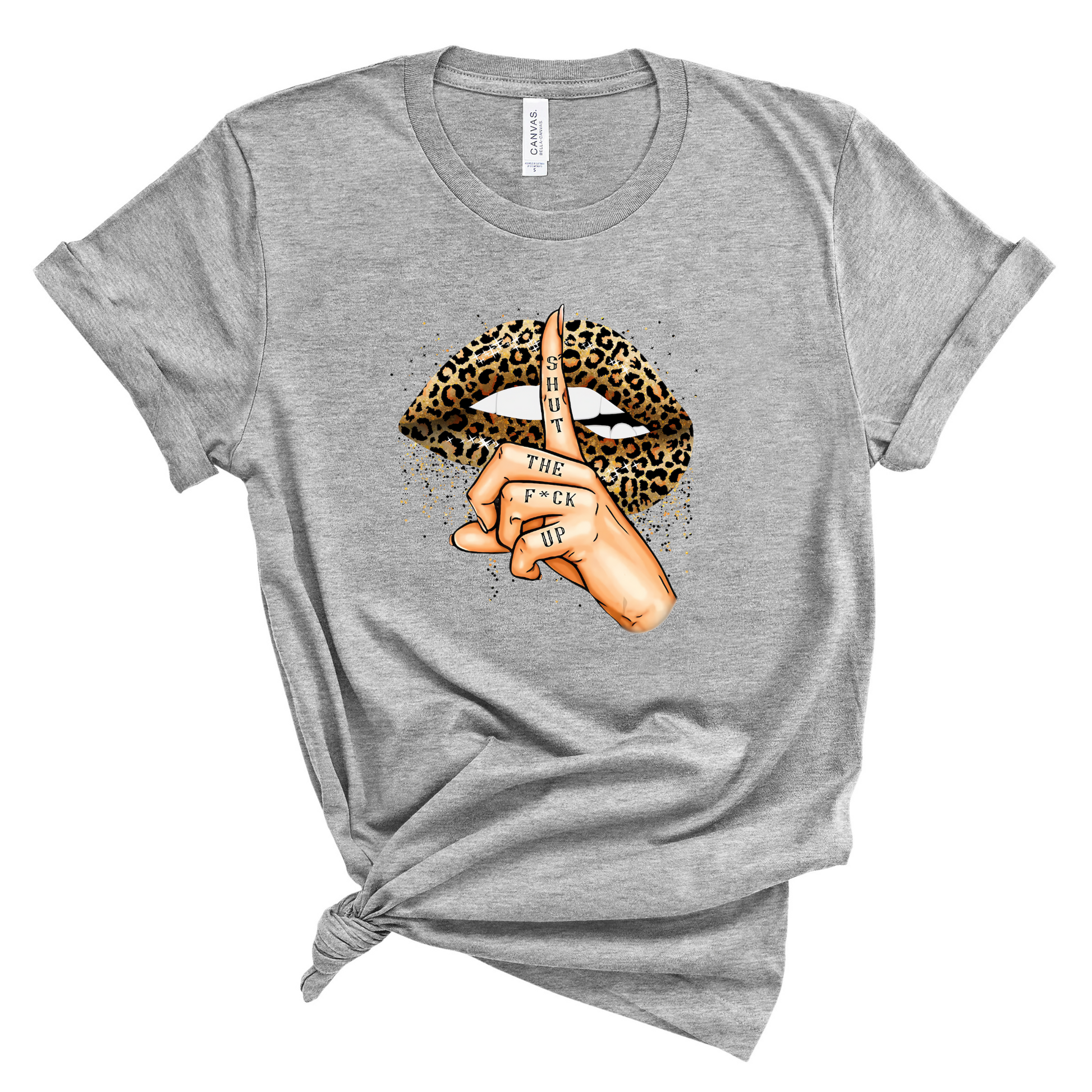 Wholesale Leopard Lips Shut Up Graphic Tee - Grey Tee