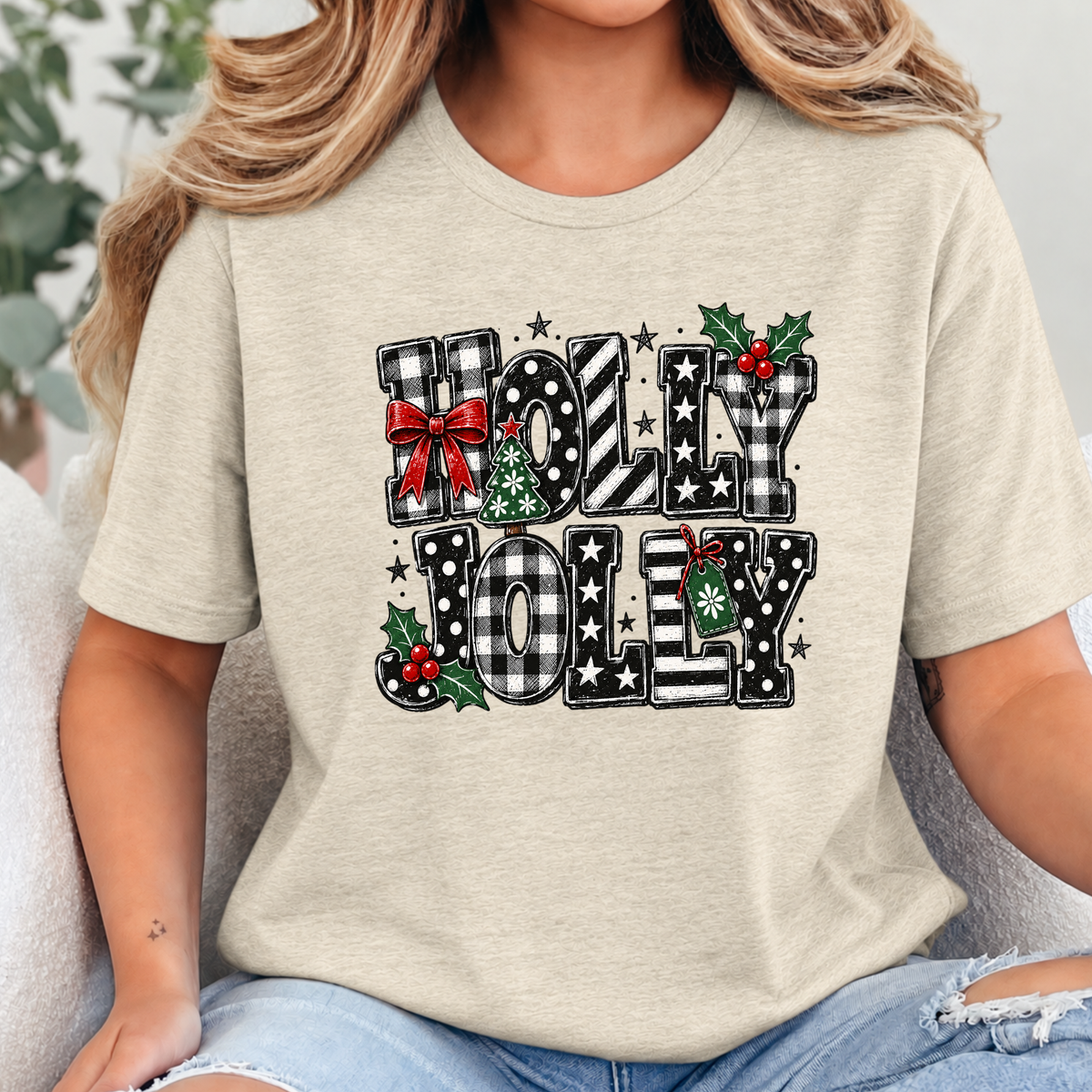 Wholesale Holly Jolly Plaid Christmas Graphic Tee - Soft Cream