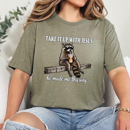Wholesale Take It up With Jesus Raccoon Graphic Tee - Heather Olive