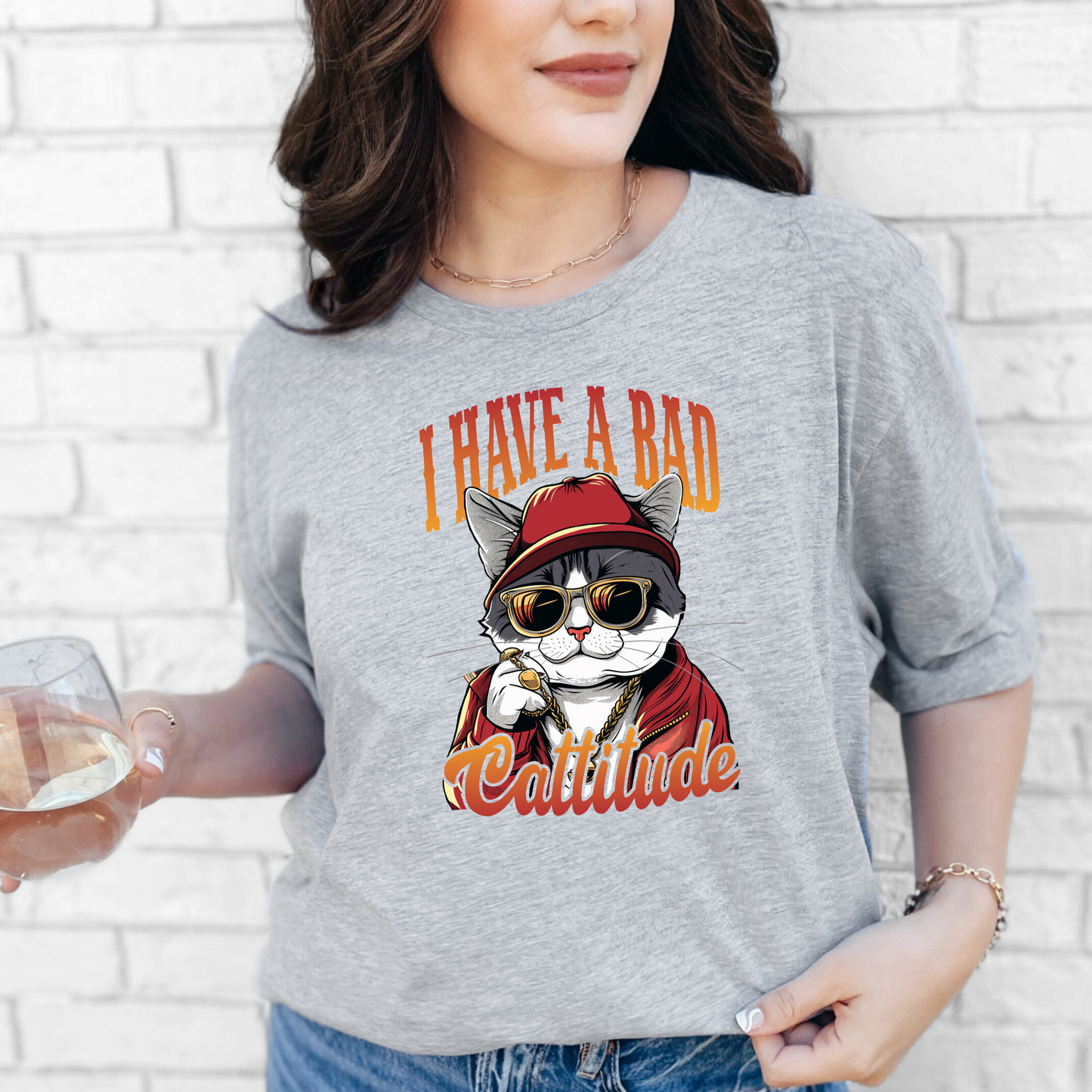 Wholesale I Have A Bad Cattitude Graphic Tee - Grey Tee
