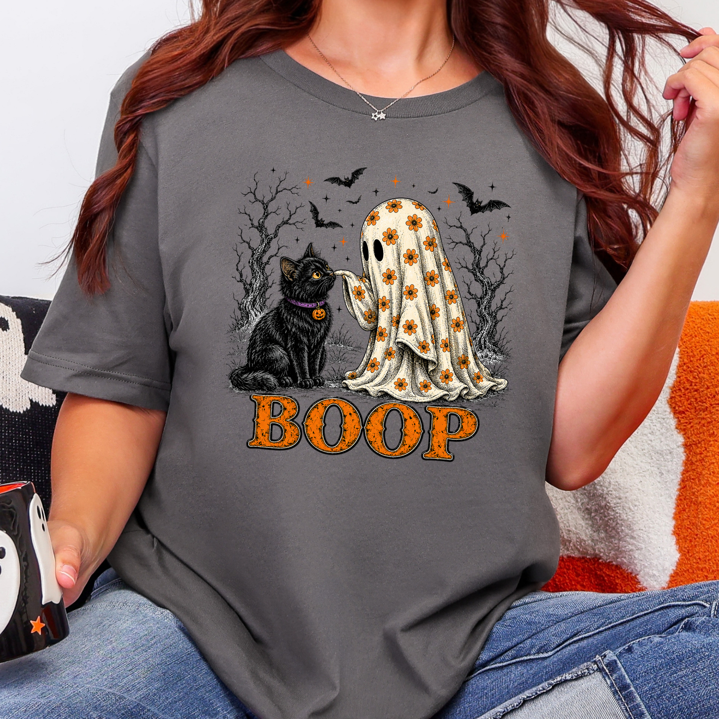 Wholesale Halloween Boop Ghost Cat Graphic Tee - Asphalt