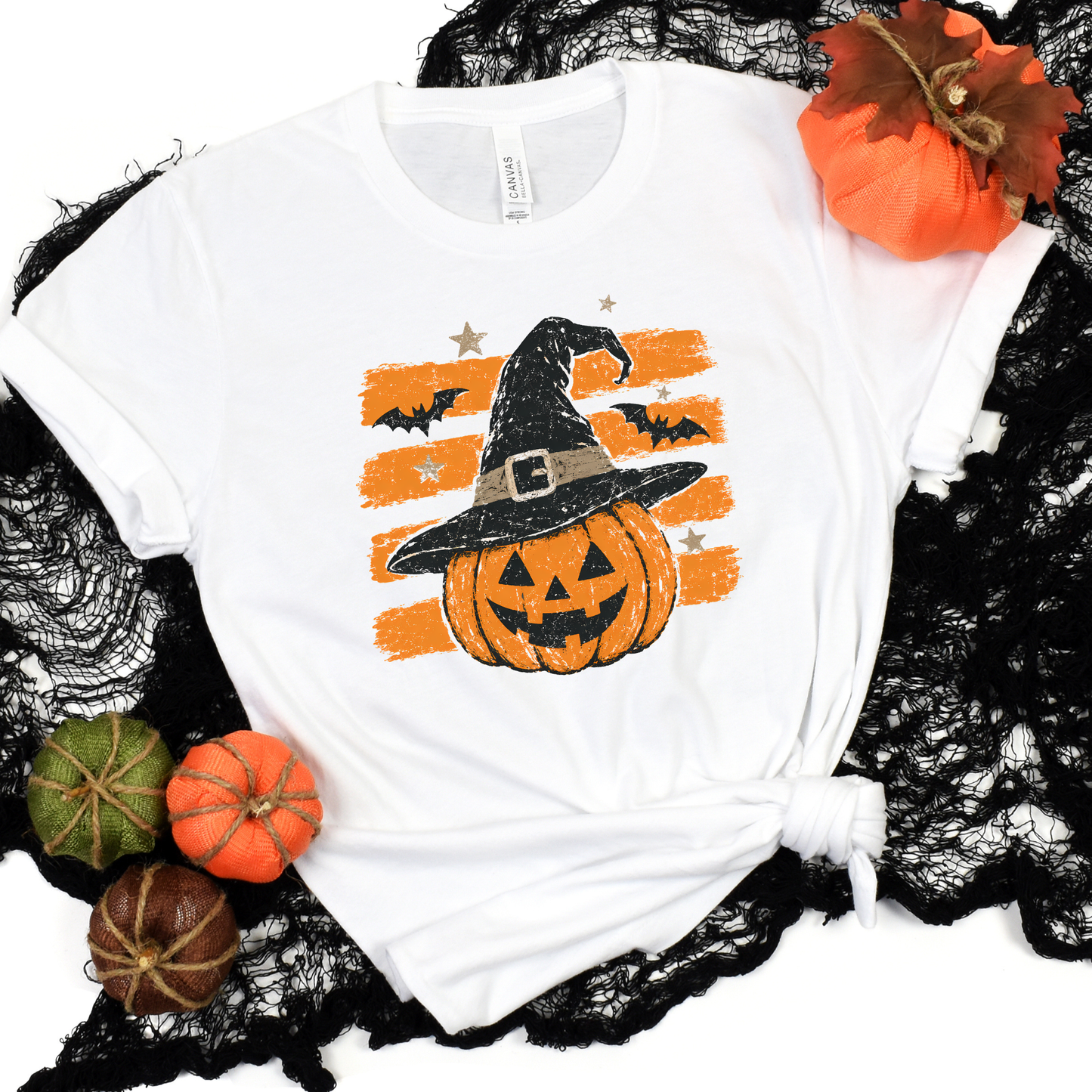 Wholesale Striped Vintage Halloween Pumpkin Graphic Tee - White