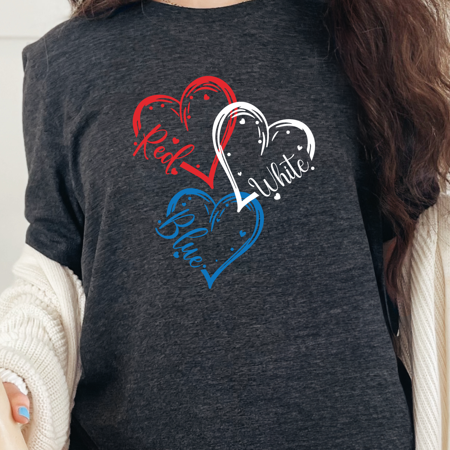 Wholesale Red White Blue Hearts Graphic Tee - Dark Grey Heather Tee