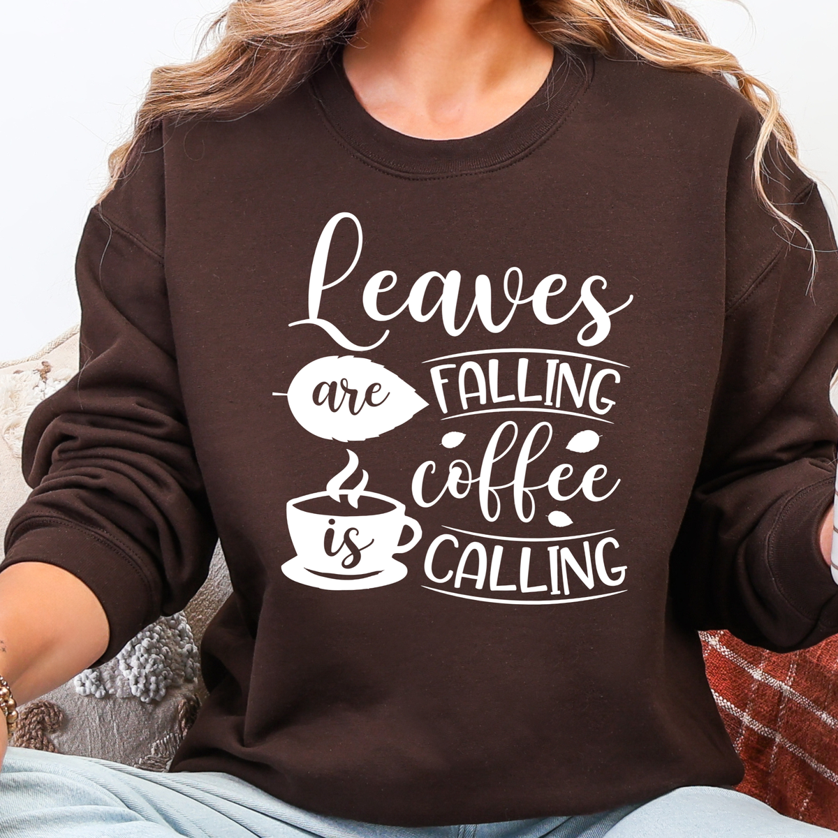 Wholesale Leaves Falling Coffee Calling Graphic Sweatshirt - Dark Chocolate