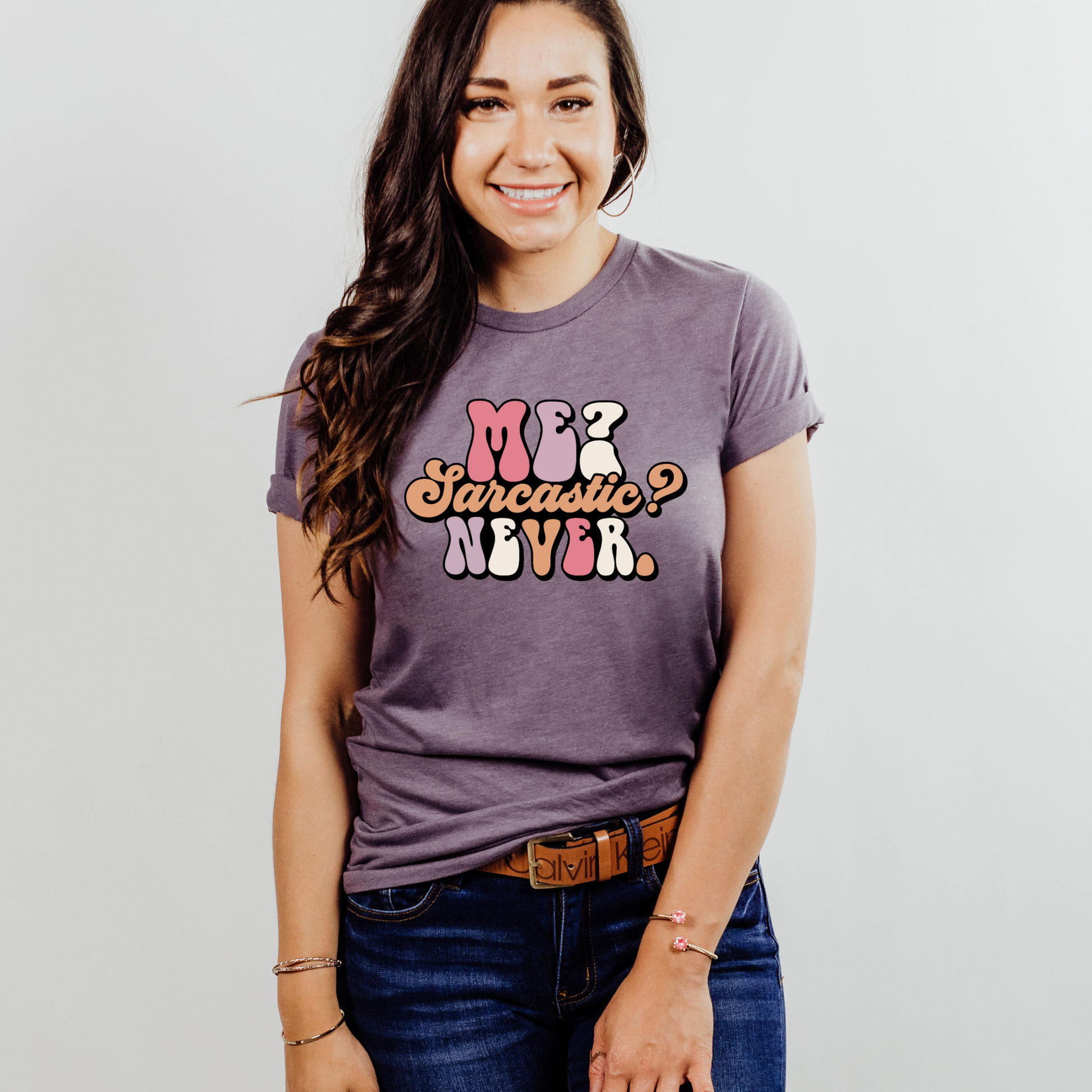 Wholesale Me Sarcastic? Never Graphic Tee - Heather Purple Tee