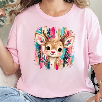 Wholesale Christmas Brushstroke Reindeer Graphic Tee - Soft Pink