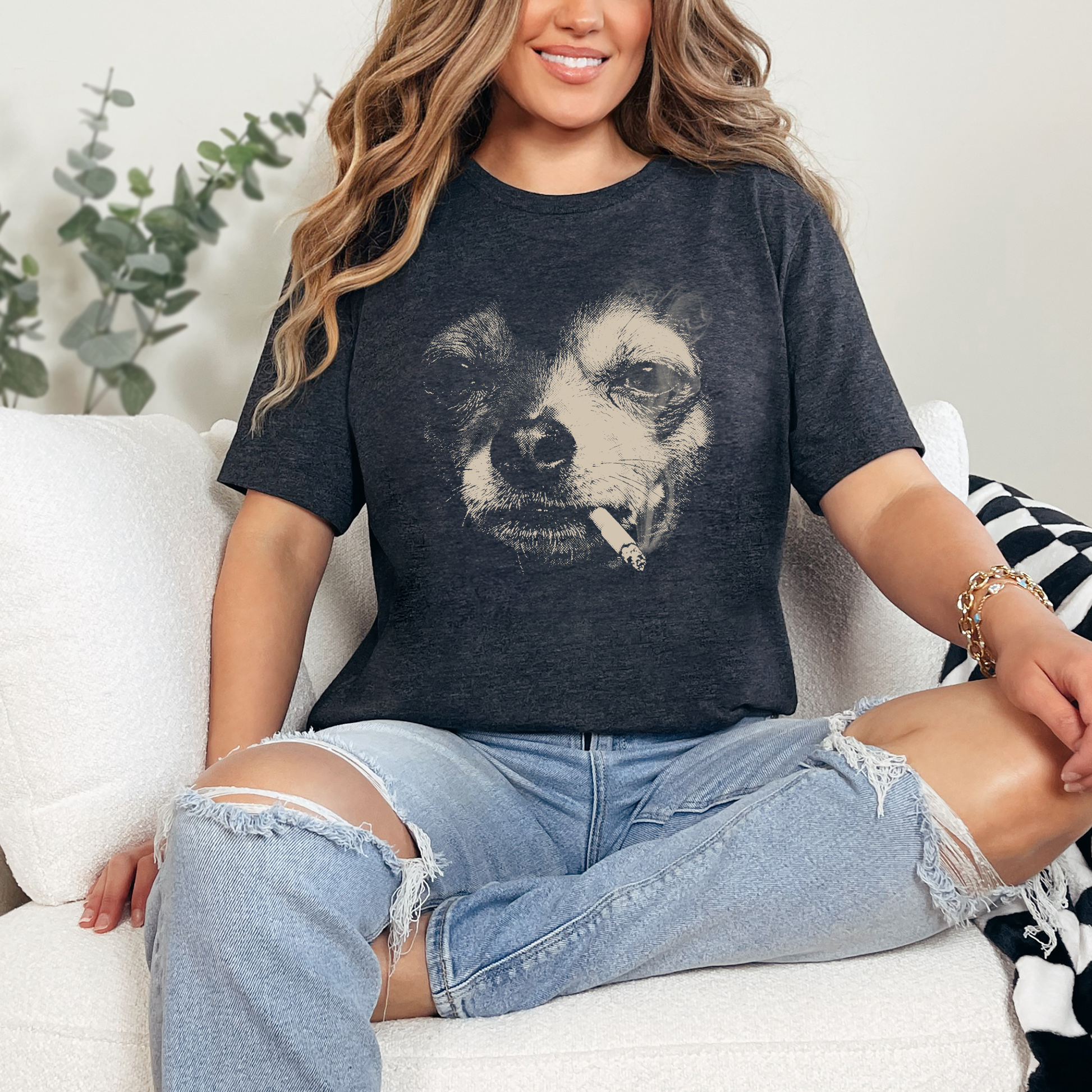 Wholesale Dog Smoking Graphic Tee - Dark Grey Heather Tee