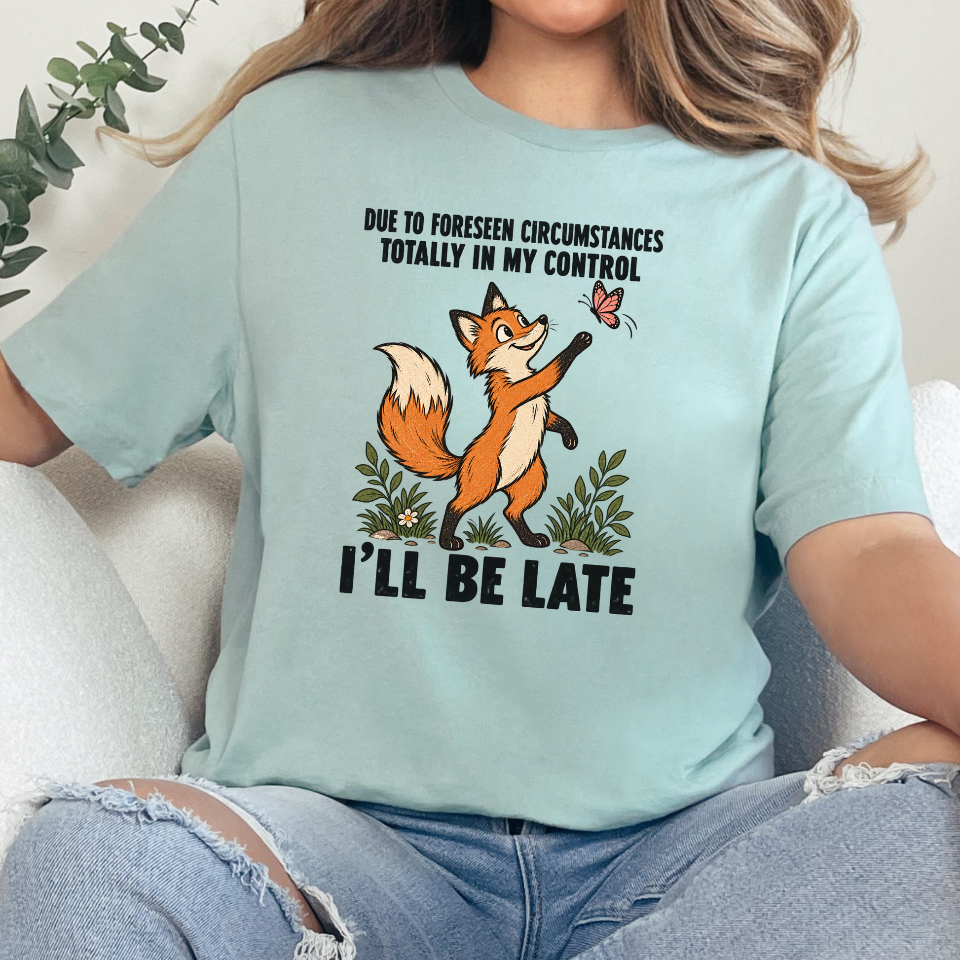 Wholesale I'll Be Late Fox Graphic Tee - Dusty Blue