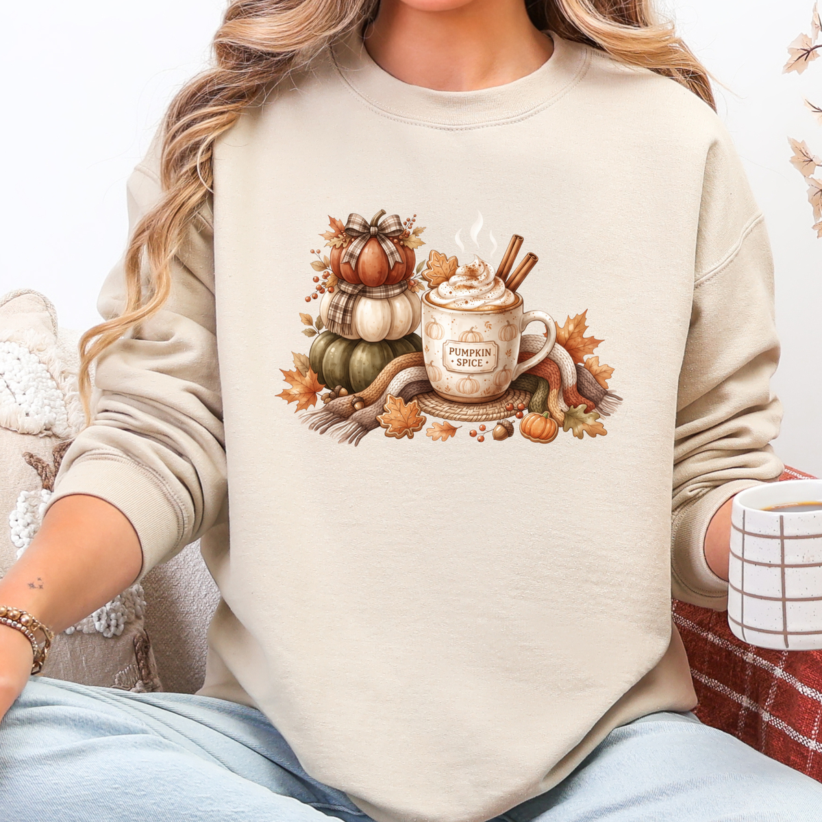Wholesale Pumpkin Spice Fall Graphic Sweatshirt - Sand