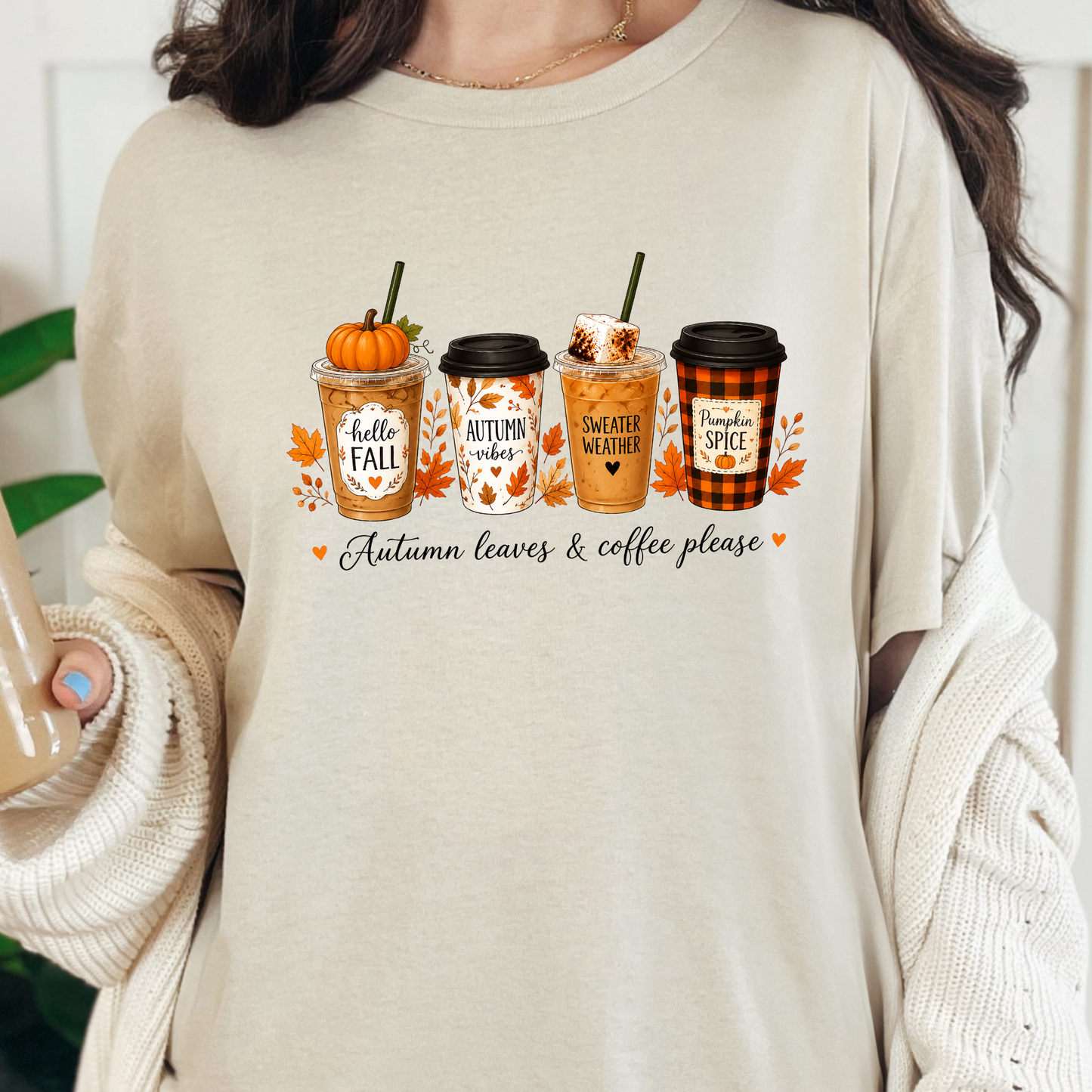Wholesale Autumn Leaves & Coffee Please Graphic Tee - Natural